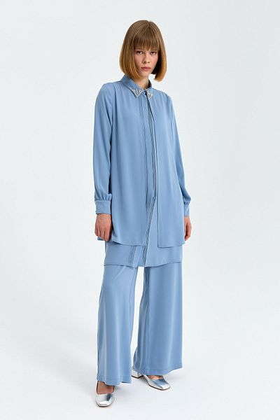 Nihan Blue Ribbed & Stone Detailed Trousers Tunic Set