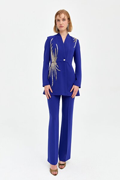 Nihan Taş Detaylı Pantolon Ceket Şık Takım Saks