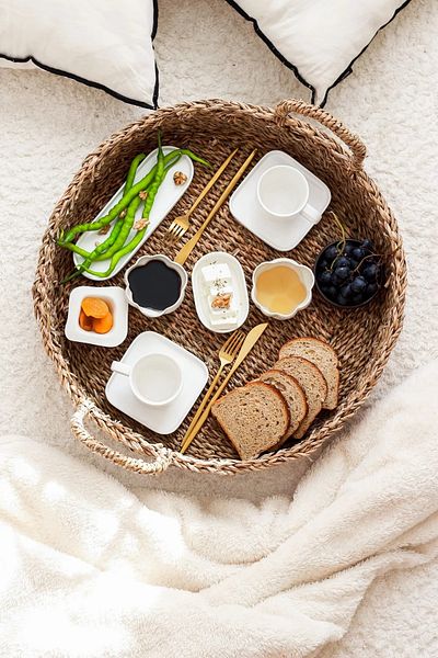 Halımax Bamboo 3-Piece Wicker Tray - Decorative Presentation Tray, Triple Round Jute Wicker Tray with Handles