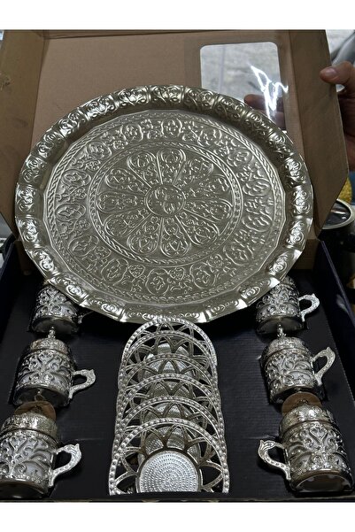 LeesHome Bakır Fincan Takımı 6 Kişilik -055 Bakır Osmanlı Desenli Türk Kahvesi Tepsi l Kahve Fincanı Seti