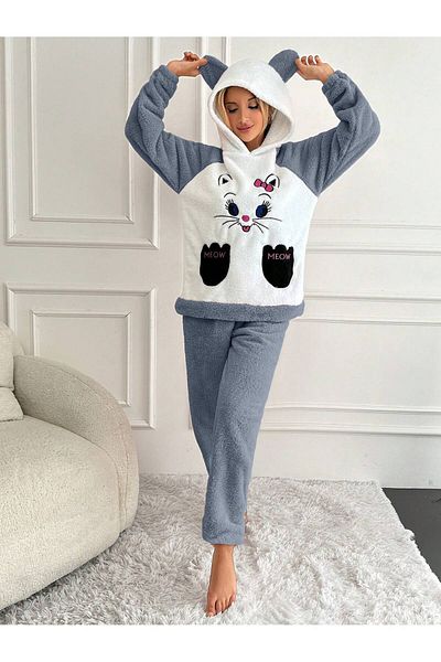 VG BOND MODA Gray Cat Embroidered Hooded Eared Soft Double Women's Pajamas Set Vg102