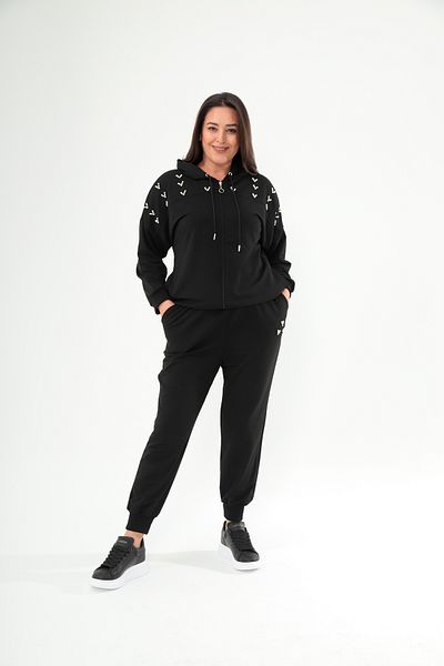 Şans Plus Size Black Hooded Tracksuit Set - Front Zip with Pearl Detail 65N38660