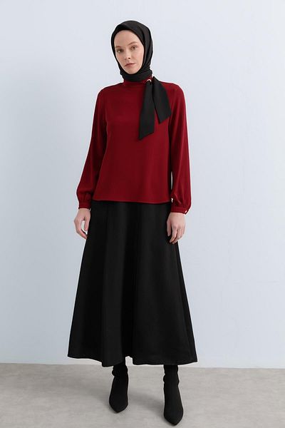 Nihan Collared Scarf-Skirt Blouse Set (Burgundy)