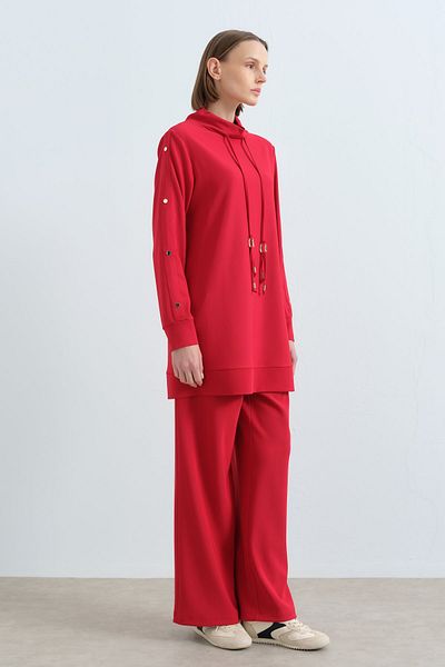Nihan Red Çakmayrı Detailed Knitted Trousers Tunic Suit