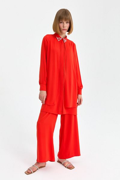 Nihan Ribbed and Stone Detailed Trousers Tunic Suit Coral