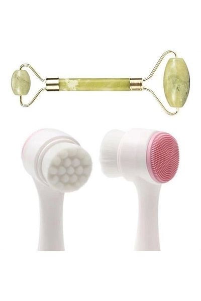 Tenda Adshome ®   Set of 2 Double-Sided Skin Cleansing Brush and Jade Stone Double-Sided Skin Massager