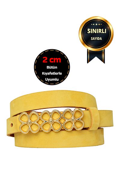 GoDeri Curea galbenă pentru femei - 100% piele nubuc moale autentică, cataramă aurie, 2 cm, centură pentru rochie și pantaloni 3çiç