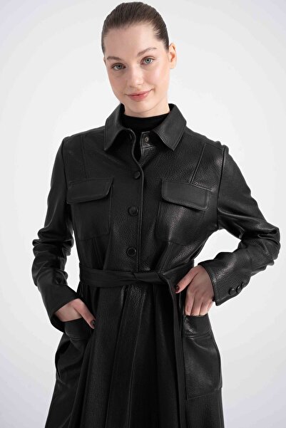 Lebeni Kadın Deri Trençkot - Siyah Hakiki Deri Uzun Trenç Kuşaklı Cepli