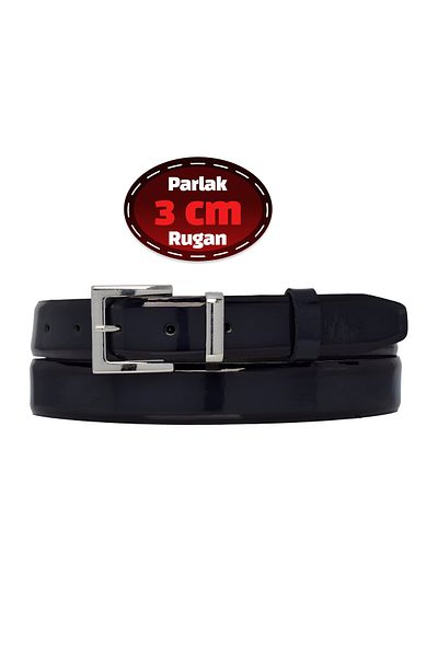 GoDeri Navy Blue Patent Leather 100% Genuine Leather - 3 cm Classic Women's Business Belt Set-R48