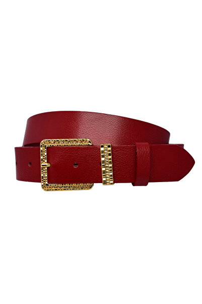 GoDeri %100 Hakiki Deri, Gold Takım Tokalı 4 Cm Kırmızı Kadın Kemeri; Kot, Spor Kemer=an-byn-62.gold.tak