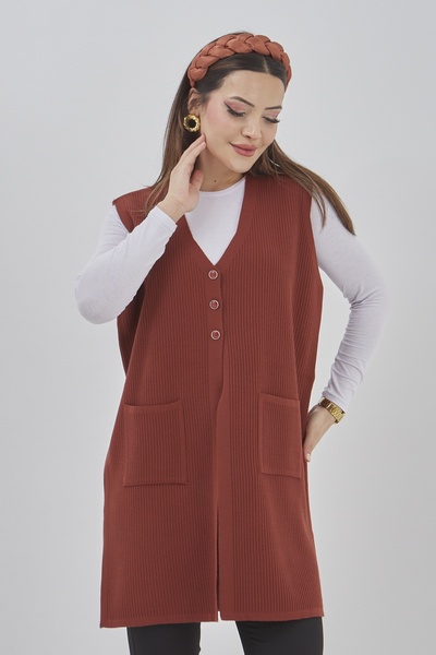 Elçelya Moda Жіночий трикотажний еластичний довгий сезонний жилет на ґудзиках