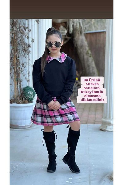 Kuzeyi Butik Girl's Festive Plaid Detailed Combination with Skirt
