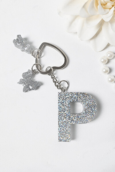 Frisson Epoxy Letter Keyring Letter with Glitter Silver Extra Figure Gift Key...