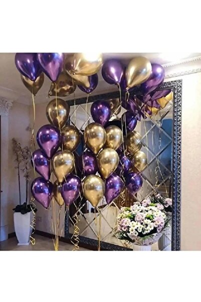aşkın concept Aynalı Parlak Krom Balon 12 inç 30 Adet Mor Gold
