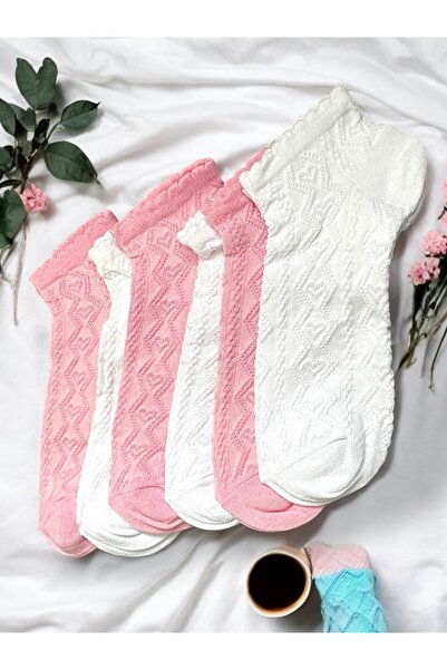 ZvM Женски 6-парични чорапи с релефен десен, пудра бял цвят, невидими