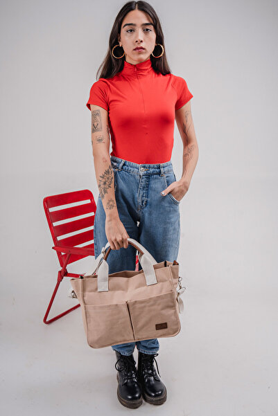 Woys Bags ÜÇ GÖZLÜ THE TOTE BAG DÜZ BEJ CANVAS KADIN OMUZ ÇANTA