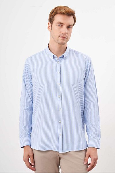 Morven Men's A. Blue Trend Striped Panel Buttoned Lapel Regular Fit Shirt