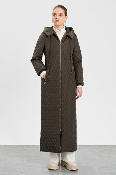 Nihan Kapşonlu Kapitone Manto Haki