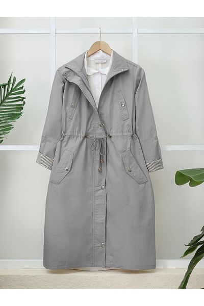 Modamorfo Organic Trench Coat Koton - Γκρι, κορδόνι τούνελ, λεπτομέρεια επάνω τσέπης και χωρίς επένδυση