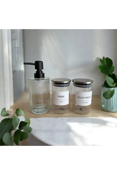 ANJEAHOME Apolo Set of 3 300ml Glass Metal Lid Cotton Bottle & 500ml Clear Glass Bottle (Different Label Options)