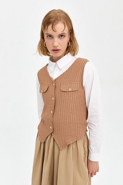 Nihan Beige Gold Buttoned Vest