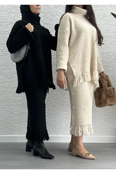 MELEK ARAZ Black Tassel Detailed Knitwear Skirt Set