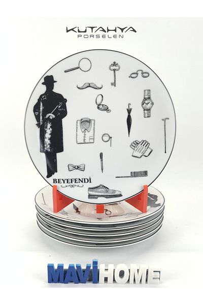 Kütahya Porselen 20 cm Sweet Gentlemen Series - Set of 6 Cake Plates
