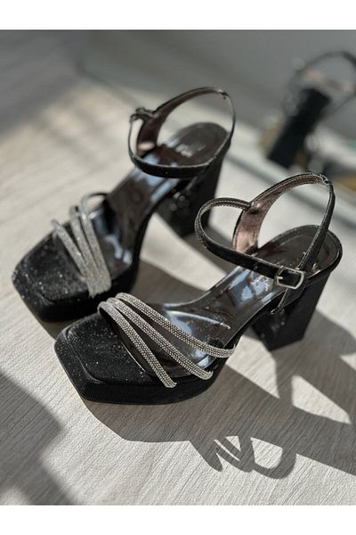 SHOEBOURNE Black Silvery Thick High Heeled Stylish Outdoor Evening Dress Shoes