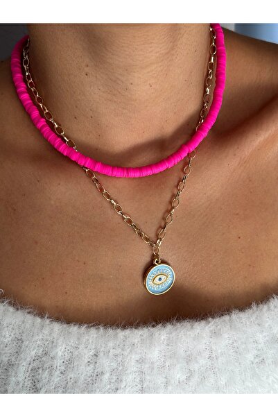 HERCY İkili Kombin Kolye | Fuşya Fimo ve Zincir Göz Kolye | Altın Kaplama Kolye | Fimo Boncuk Kolye