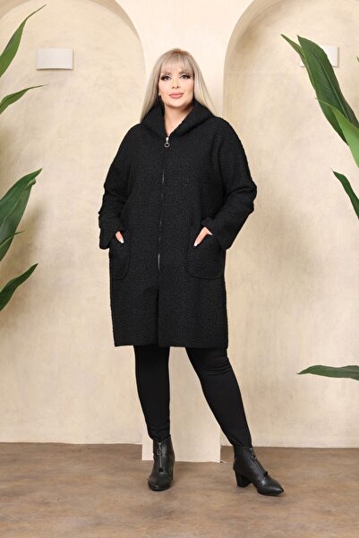 Mezure Women's Plus Size - Hooded Boucle Coat with Zipper and Pockets