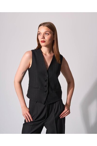 FEMİAS Black Thin Stripes Vest
