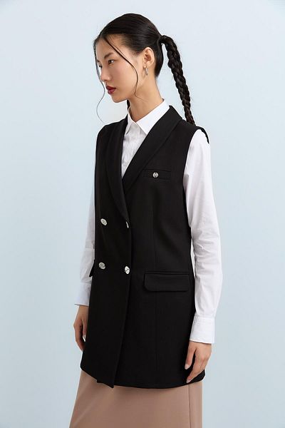 Nihan Black Double Breasted Shawl Collar Classic Vest