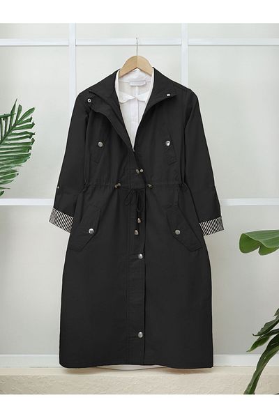 Modamorfo Tunnel Lace up Top Pocket Detailed Unlined Washed Organic Cotton Trench -Black