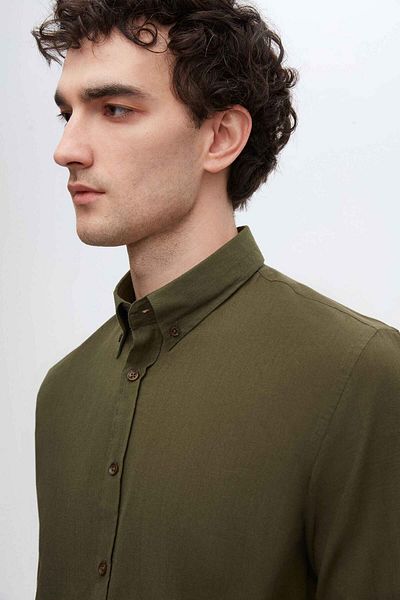 D'S Damat Khaki Slim Fit Hemd - 100% Baumwolle, geknöpfter Kragen, geflammte Leinenoptik Sommer