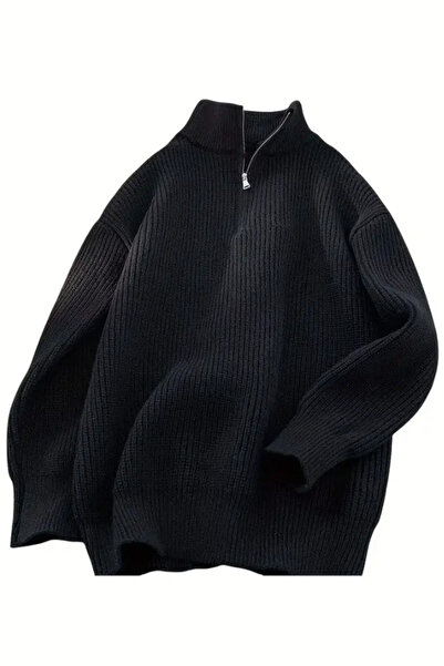 Tarz Cool Μαύρο ανδρικό πλεκτό πουλόβερ ψαρά με φερμουάρ