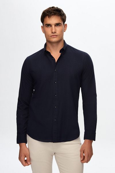D'S Damat Navy Blue Slim Fit Summer Flamed Linen Look Bavlněná košile - límec s knoflíky