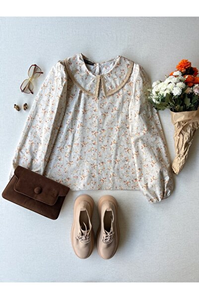 KÜÇÜĞÜM BUTİK Vintage Κρεμ-Καφέ Floral Βρεφικός Γιακάς Mother-Daughter Παιδική Μπλούζα Ποπλίνα (Πωλείται Μονό)