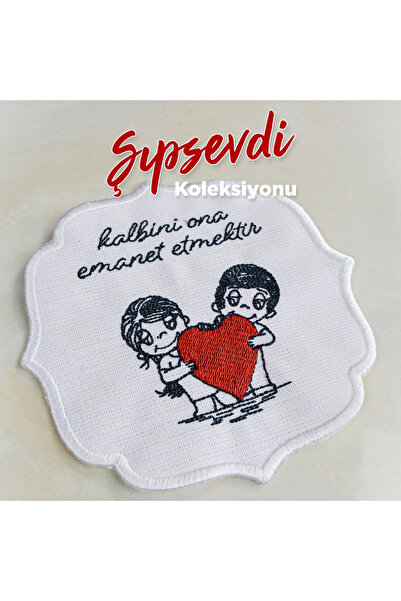 Home Aşk Temalı Özel Tasarım Şıpsevdi Nakışlı Sunum Peçetesi (6'lı Set), Kahv...