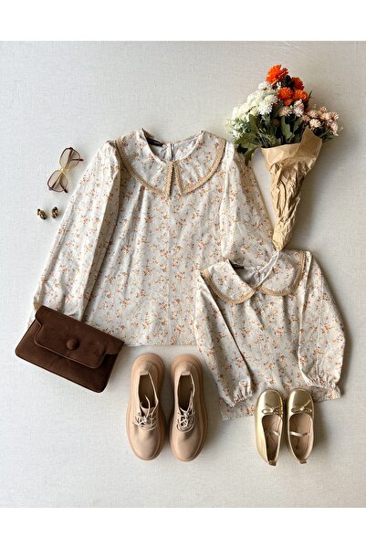 KÜÇÜĞÜM BUTİK Vintage Κρεμ-Καφέ Floral Βρεφικός Γιακάς Mother-Daughter Παιδική Μπλούζα Ποπλίνα (Πωλείται Μονό)