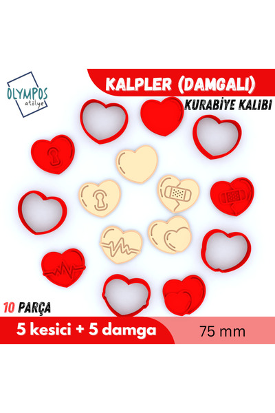 Olympos Atölye Stamped Hearts |   10 Pieces |   Cookie - Sugar Dough - Play Dough Mold Set
