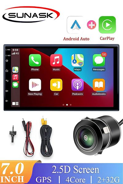 SUNASK Sn-7002a 7 بوصة Carplay Android Auto Tray - 2 جيجا بايت رام، 32 جيجا بايت ذاكرة، واي فاي، ويوتيوب جوجل