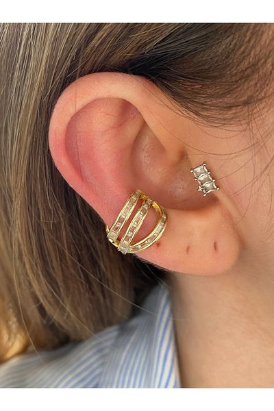 Pinery Jewels 3 Row Brass Plated Women's Cartilage Earrings with Baguette Stones
