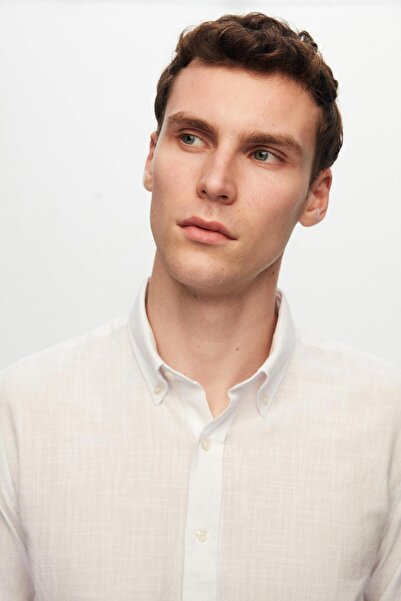 D'S Damat Ecru Slim Fit Summer Shirt - 100% Cotton, Button Collar, Flame Linen Look