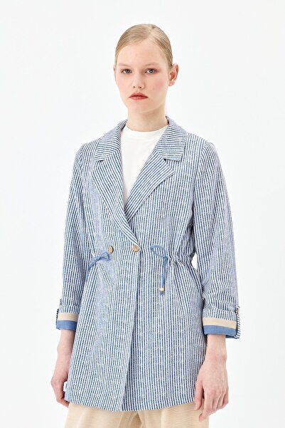 Nihan Drawstring Waist Striped Linen Jacket Indigo