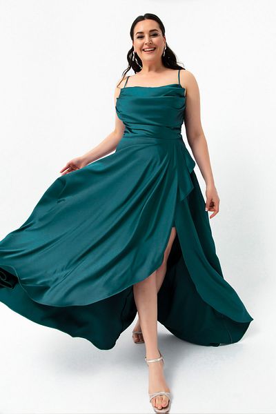 Lafaba Rochie de seară din satin de marime mari cu fantă cu volan de damă Rochie de absolvire