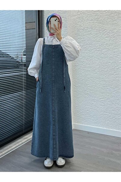 MELEK ARAZ Light Blue Long Denim Jeans Salopet Gilet Dress