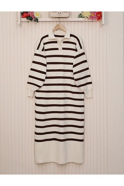 Modamorfo Πλεκτό Φόρεμα με κουμπιά Polo Neck -Κρέμα