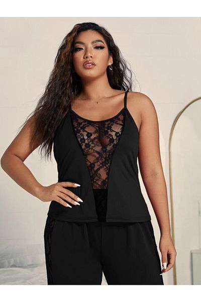 MEYLİYA Set pijamale dama din vascoza neagra - Detaliu dantela, model floral