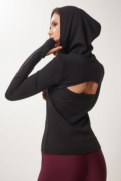 Lovelyİstanbul Finger and Back Cut Out Detailed Hooded Knitted Sweatshirt Black Lvx0004