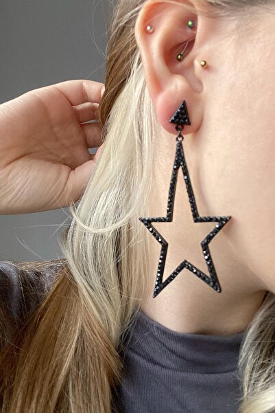 Glaren Büyük Yıldız Siyah Taşlı Kadın Abiye Küpe